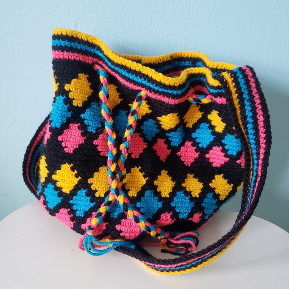 Hand Crafted Handbags - Knit crochet drawstring rainbow hippy hippie boho bag purse diamonds stripes